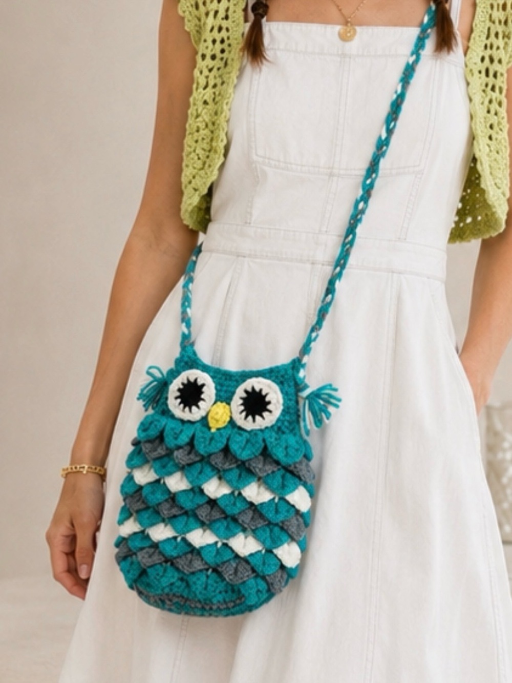 Handmade Teal Owl Crossbody Bag - Charming Crochet Shoulder Bag